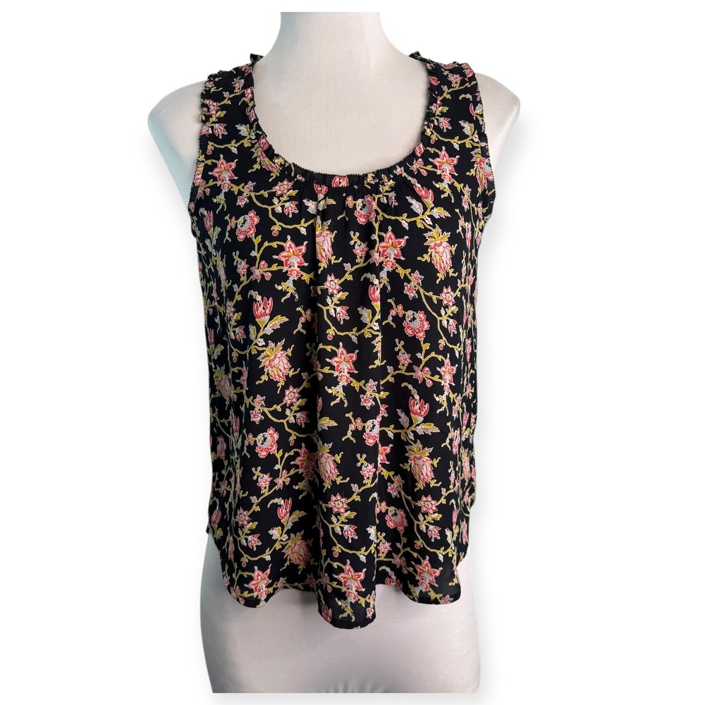 Rose + Olive Pleated Black Floral Sleeveless Scoop Neck Blouse Small NWT‎